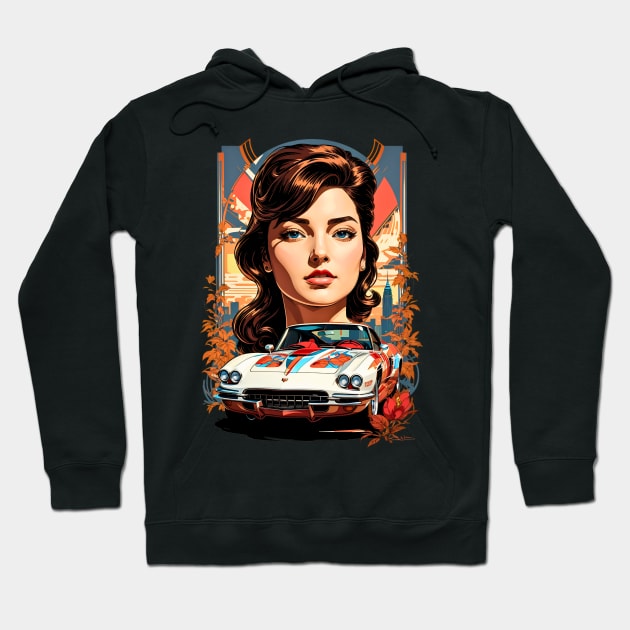 Sport Car Woman Poster retro vintage floral design Hoodie by Neon City Bazaar